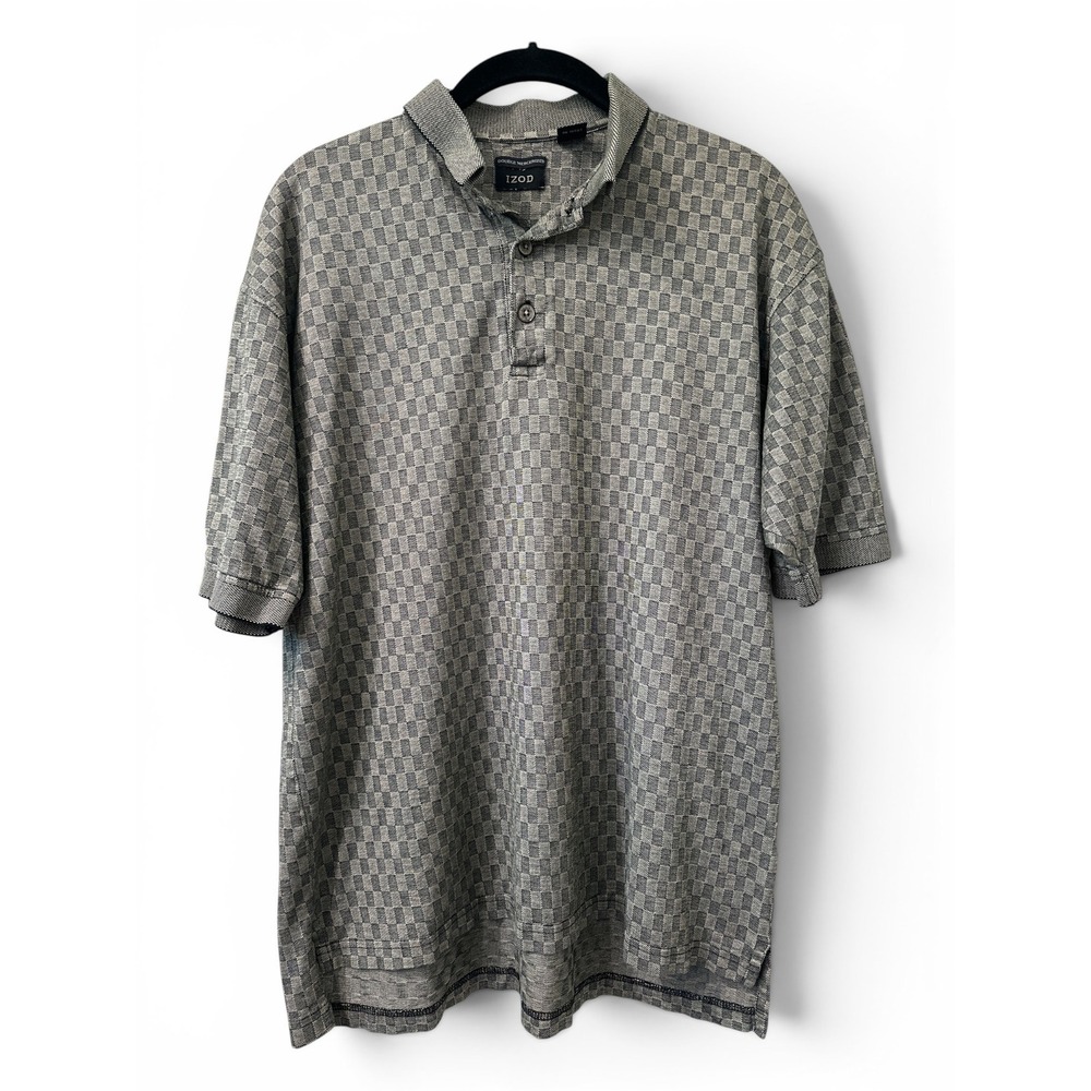 IZOD Polo Shirt Mens M Black Gray Beige Geometric Check Double Mercerized Cotton